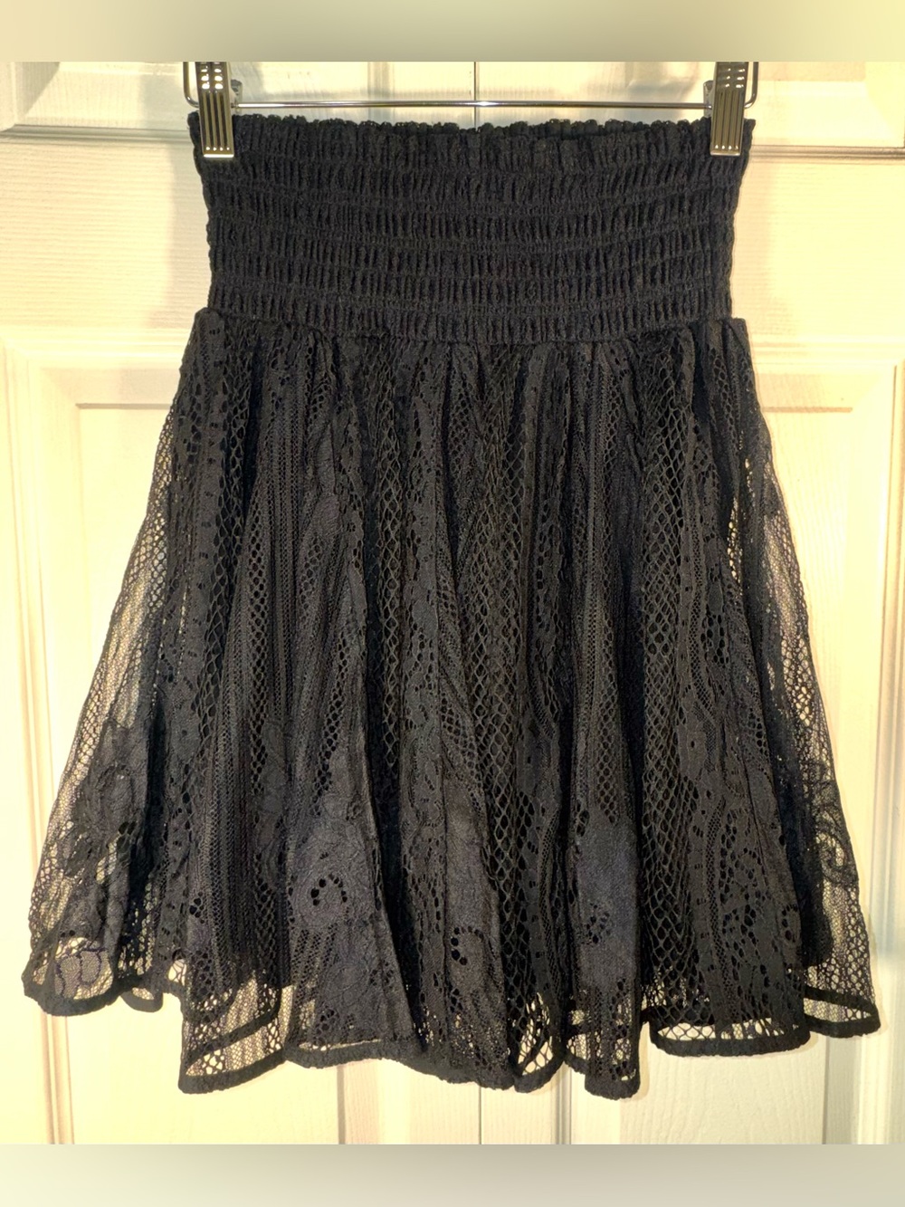 Maje Black Lace Fishnet Mini Skirt Smocked Waist Size 3